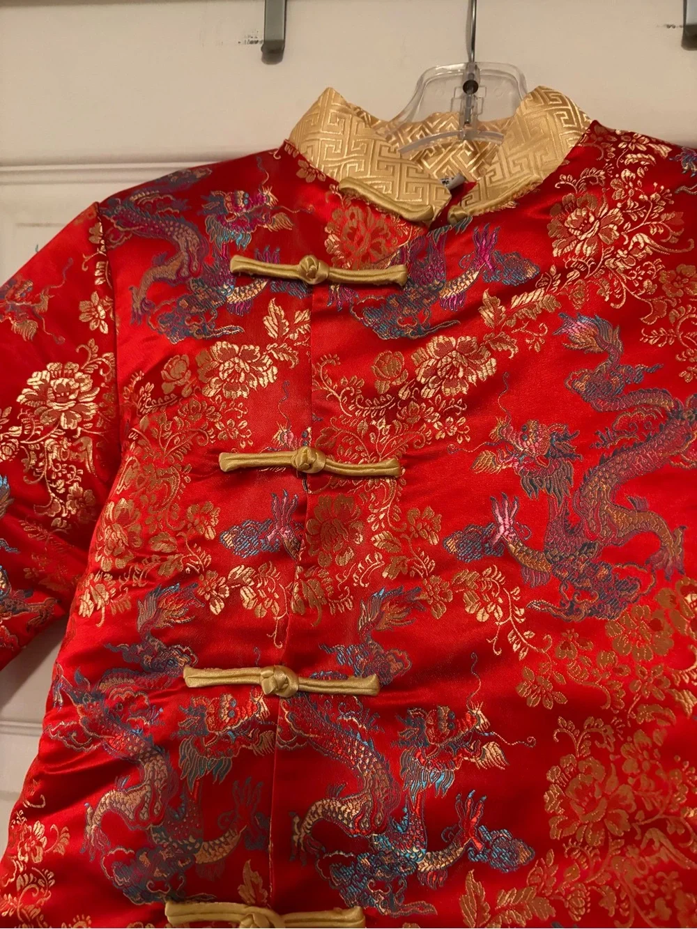 Children's Red Satin Dragon-Pattern Tang Jacket with Gold Trim Sz 8